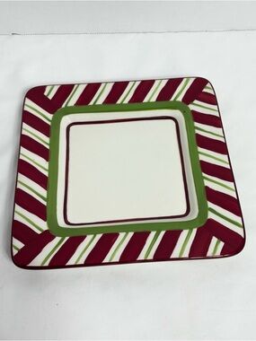 Festive Striped Square Serving Plate - Green & Burgundy